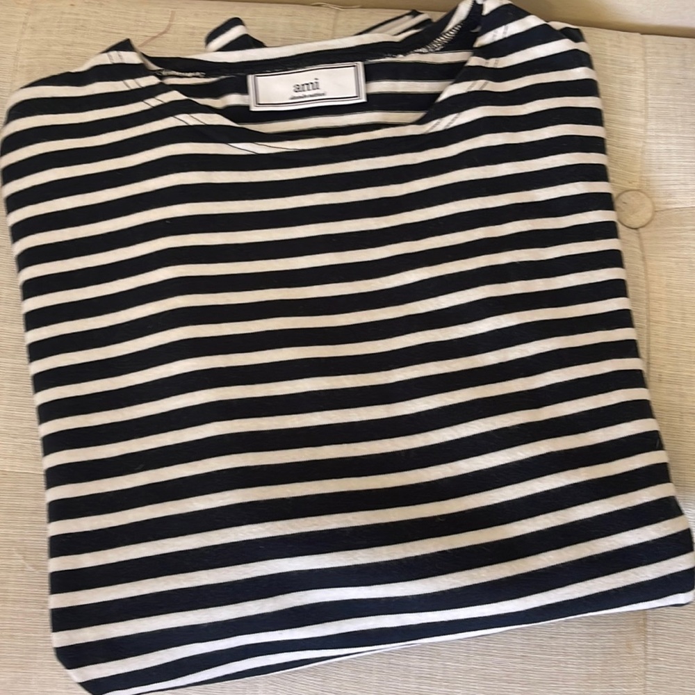 Ami Men’s Long Sleeve Navy Blue and White Stripes Shirt!
